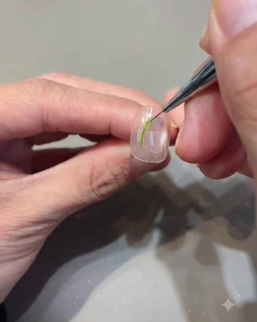 Un pennello fine che disegna i dettagli delle foglie sulla sommità di ununghia usando il gel verde.