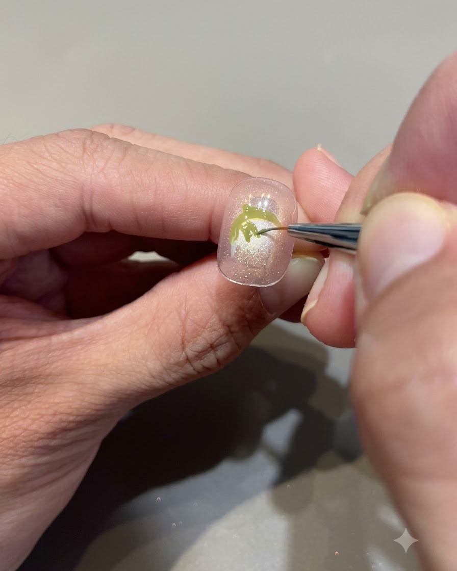 Vista ravvicinata di un pennello da dettagli che riempie meticolosamente il gel verde avocado per creare le foglie della fragola su ununghia rosa nude.