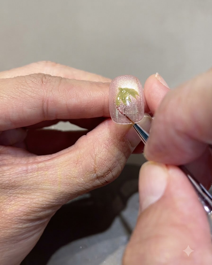 Un pennello fine da nail art che applica il gel vetro rosso per tracciare il contorno arrotondato di una fragola sopra una base rosa nude.