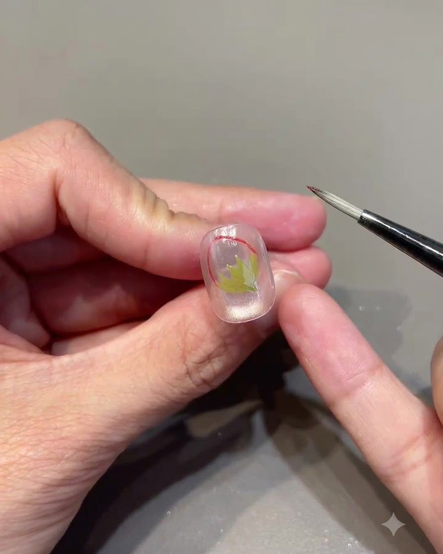 Un pennello multiuso che tampona il gel vetro rosso sulla porzione superiore del contorno della fragola.