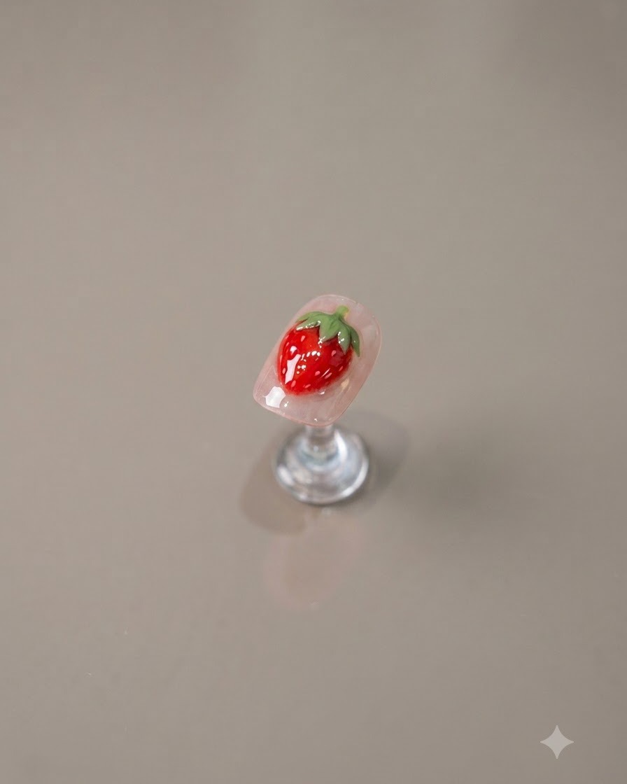 Un design di unghia con fragola 3D completato, montato su un supporto trasparente su sfondo neutro pulito.