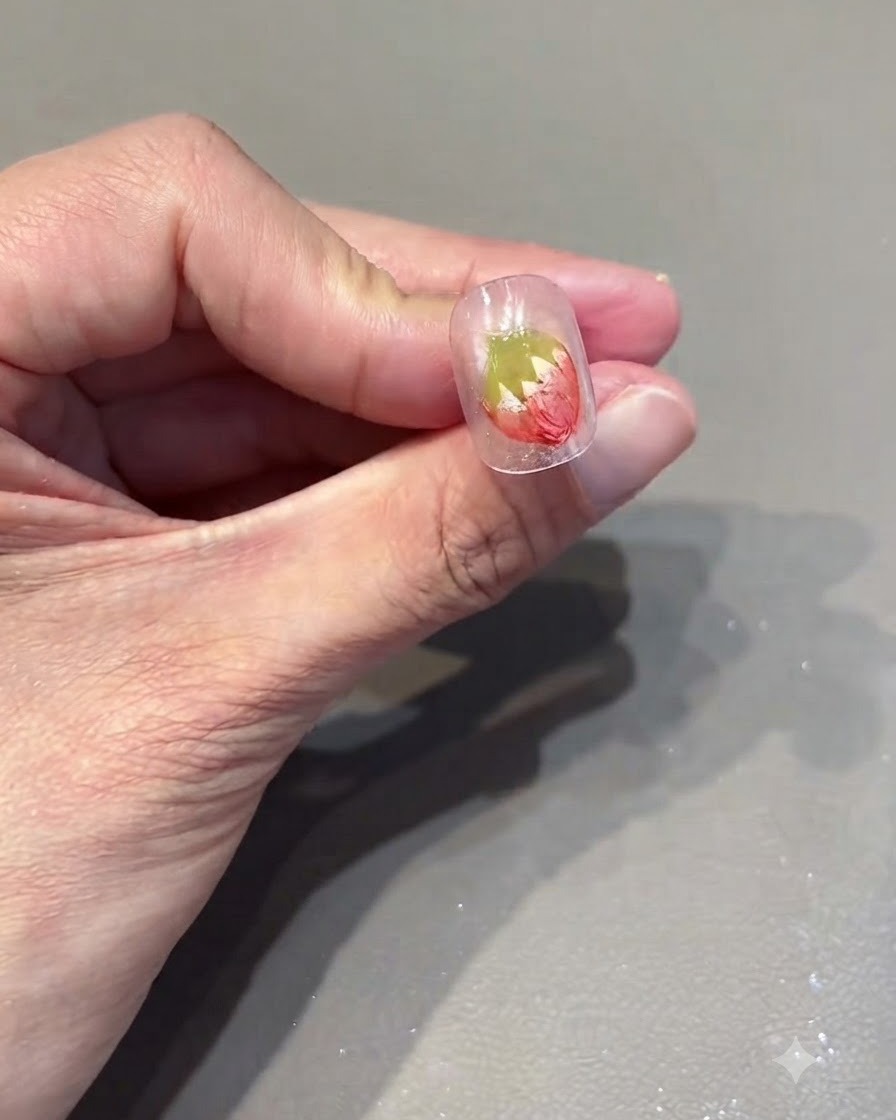 Primo piano di ununghia che mostra un disegno di fragola rossa con piccoli punti bianchi dipinti sopra.