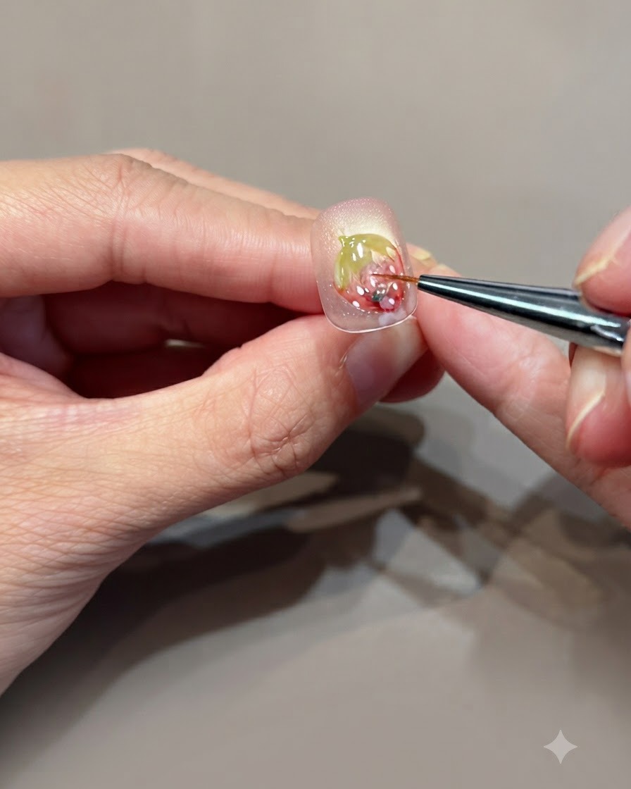 Un pennello fine che applica gel rigido trasparente sopra il design di nail art della fragola per creare volume 3D.