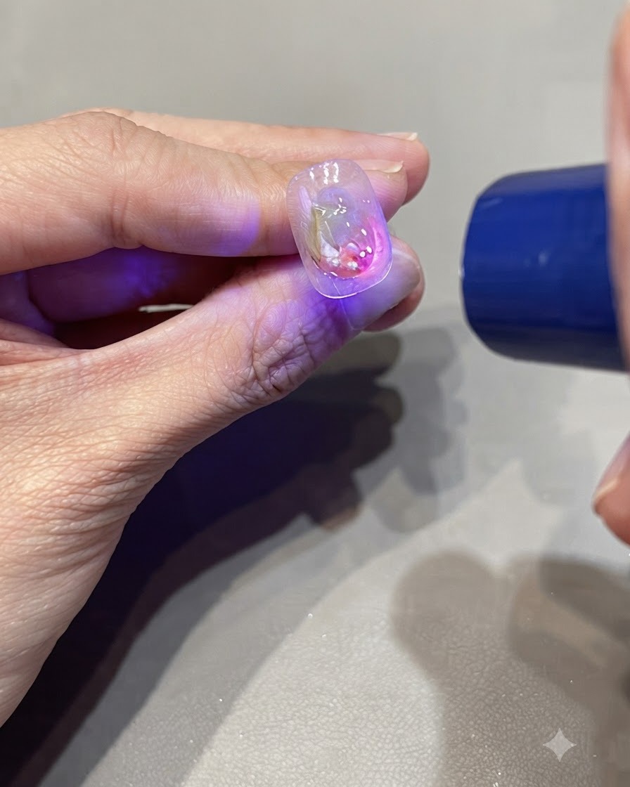 Una luce UV che polimerizza piccoli dettagli dimensionali a goccia dacqua su ununghia decorata.