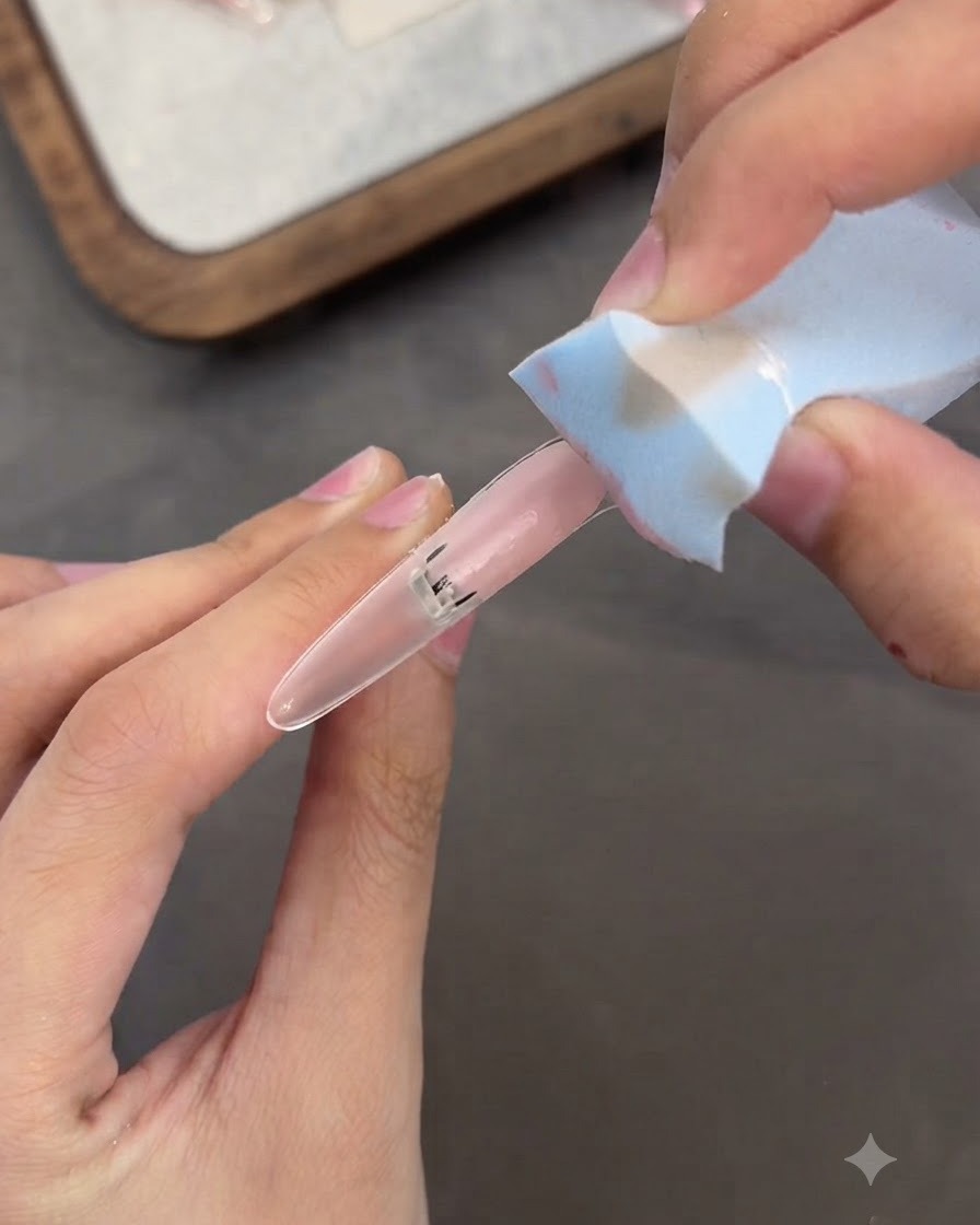 Primo piano di mani che utilizzano una piccola spugnetta per tamponare il gel rosa su una tip per unghie finte.