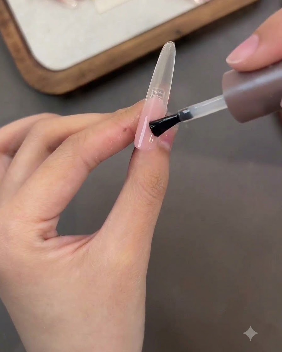Un pennello da smalto che applica uno strato di top coat opaco su ununghia finta con gradiente rosa.