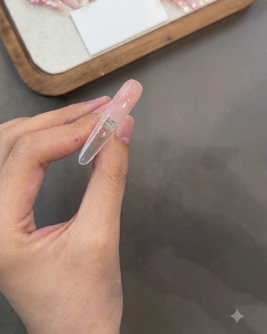Una mano che tiene un pezzo di unghia capovolto mentre applica il gel base sulla superficie posteriore.