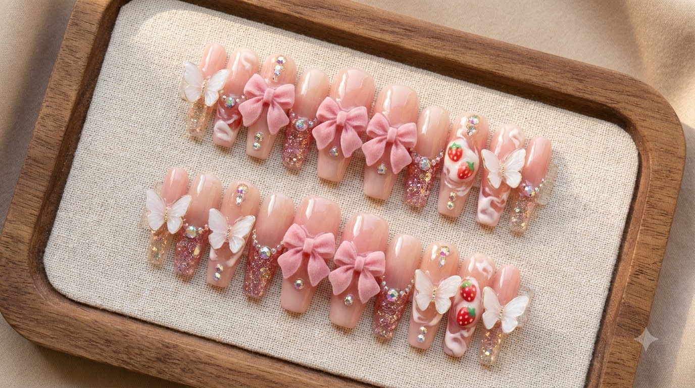 Fragola Panna Cotta Press-on Nails — Tutorial con Fiocco 3D e Farfalla