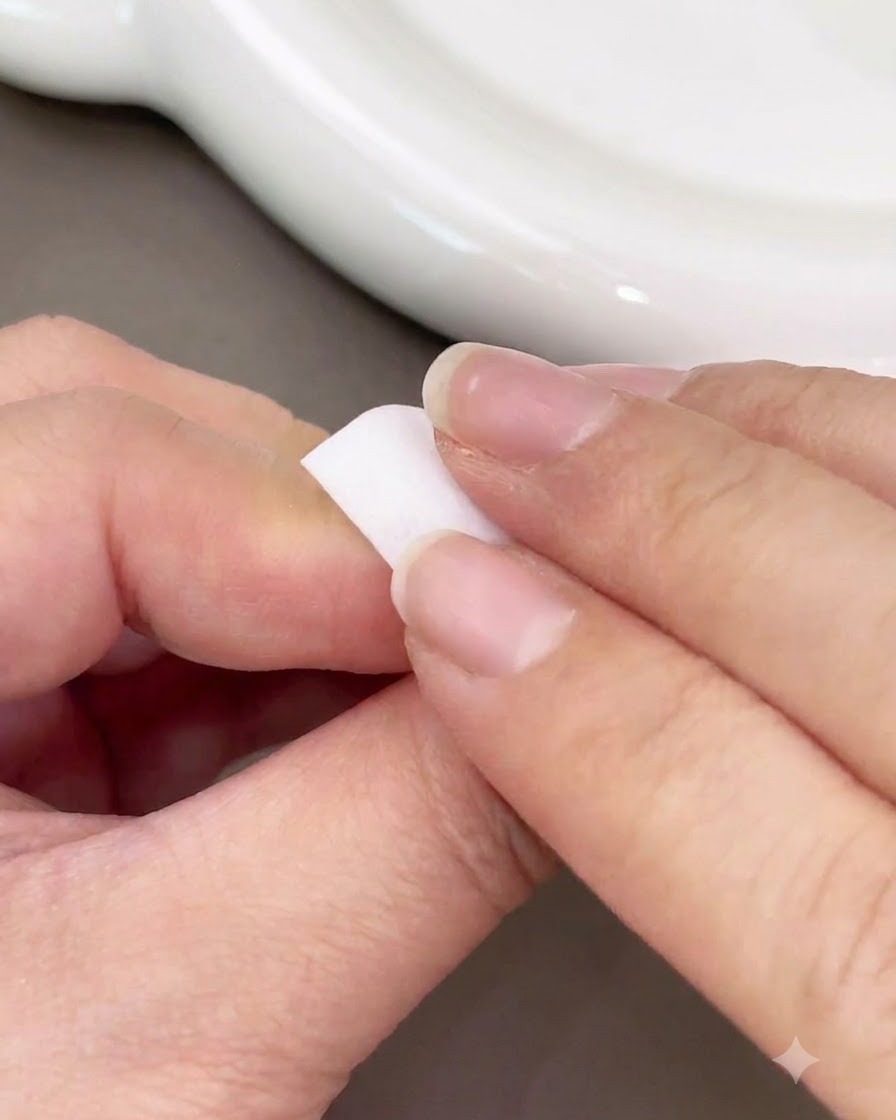 Una mano che tiene un pennellino e applica un puntino di gel rosa al centro di ununghia.