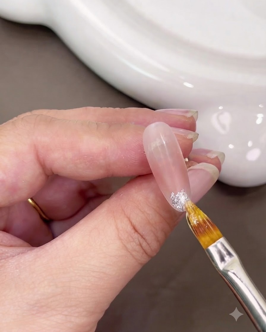 Un pennello pulito che sfuma il gel glitterato bianco allindietro dalla punta dellunghia.