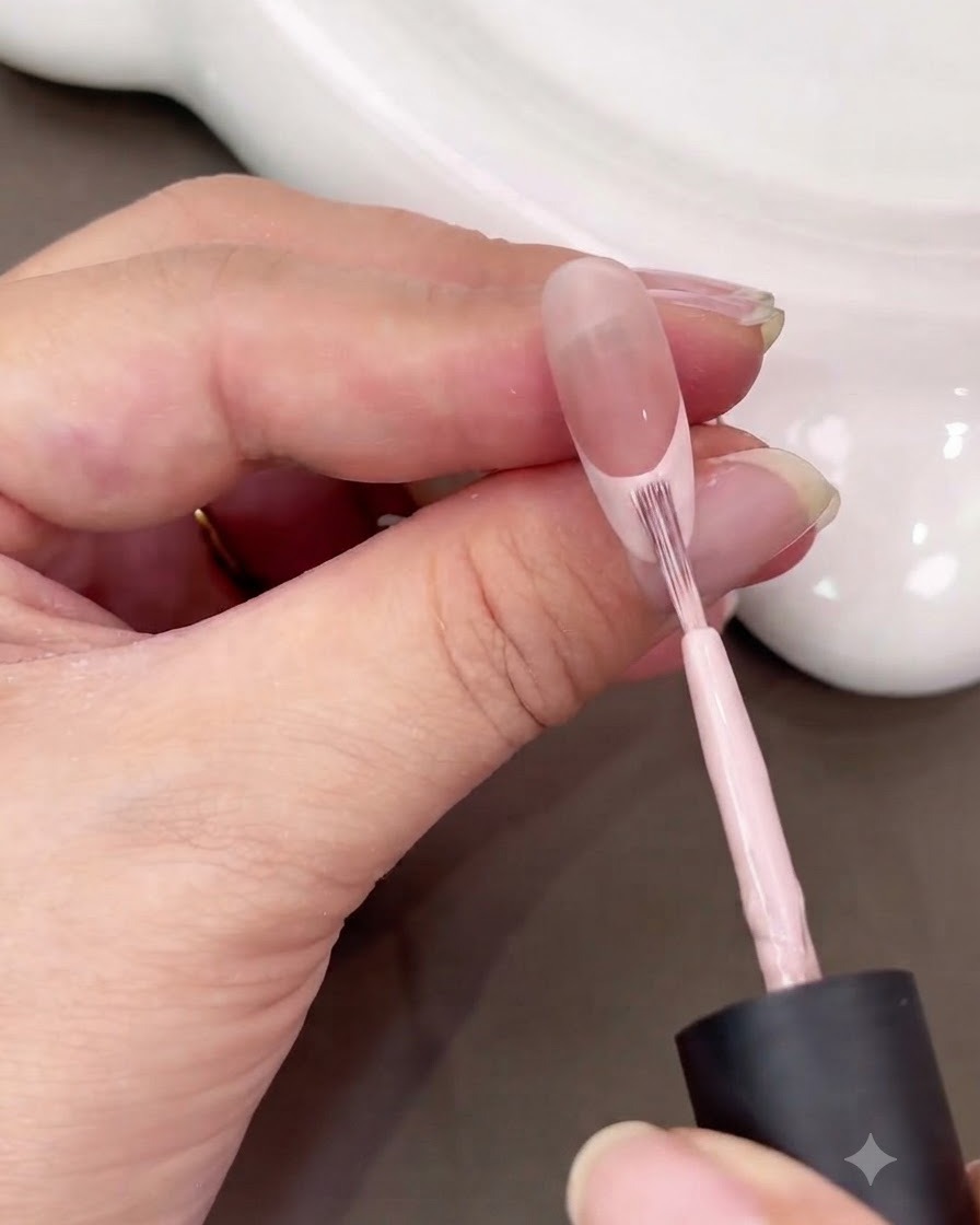Un pennello che corregge e riempie una French tip rosa su ununghia ovale.