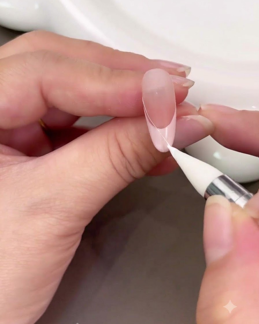 Uno strumento di dettaglio che applica un sottile arco di gel string bianco lungo il bordo di una manicure French.