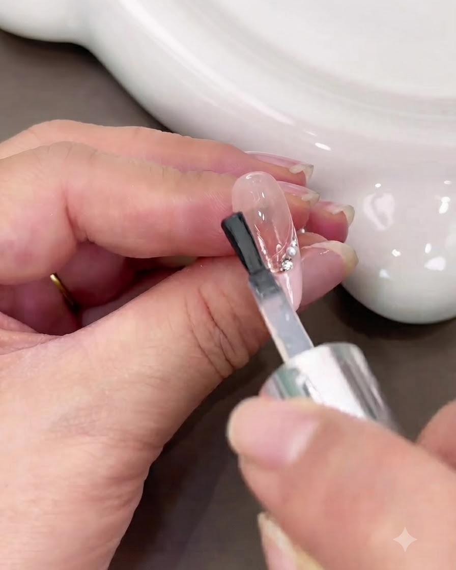 Un pennello che applica un top coat lucido trasparente su un design di unghia French finito decorato con perle e strass.