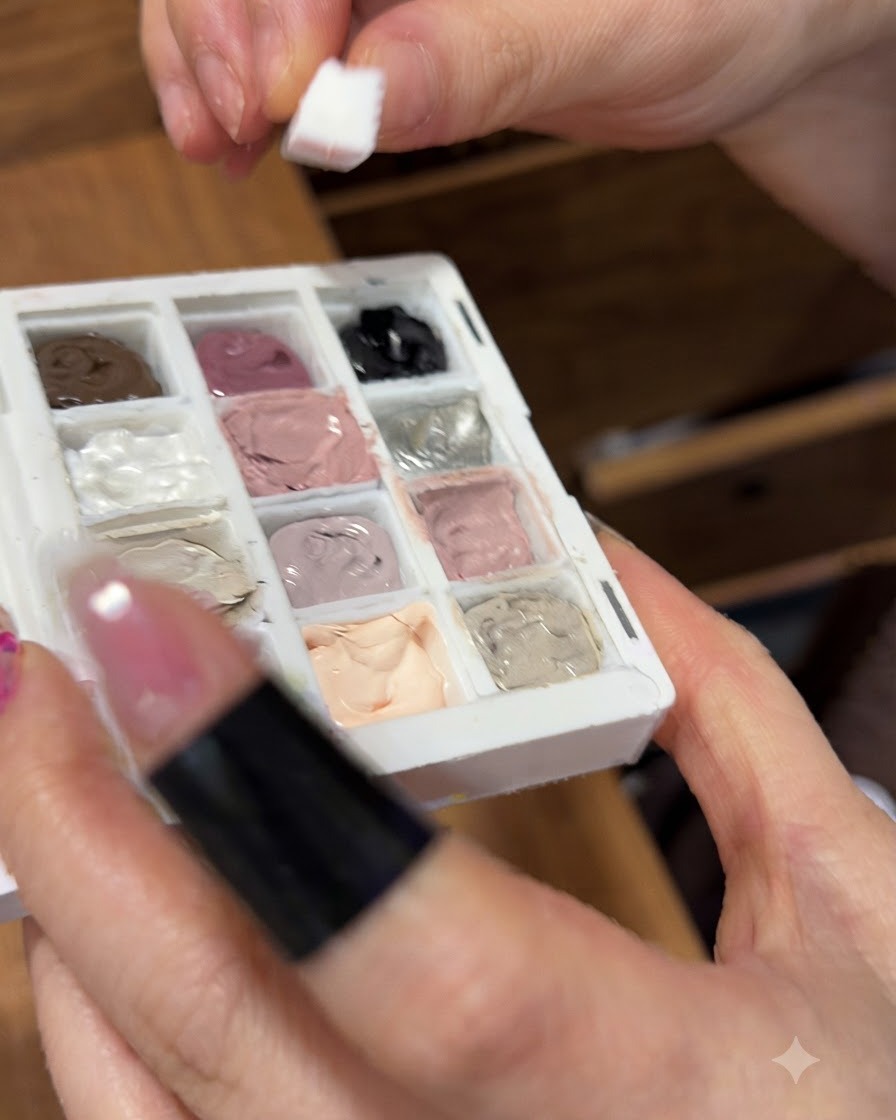 Una vista ravvicinata di un blocco di spugna che raccoglie il gel rosa chiaro da una tavolozza multicolore.