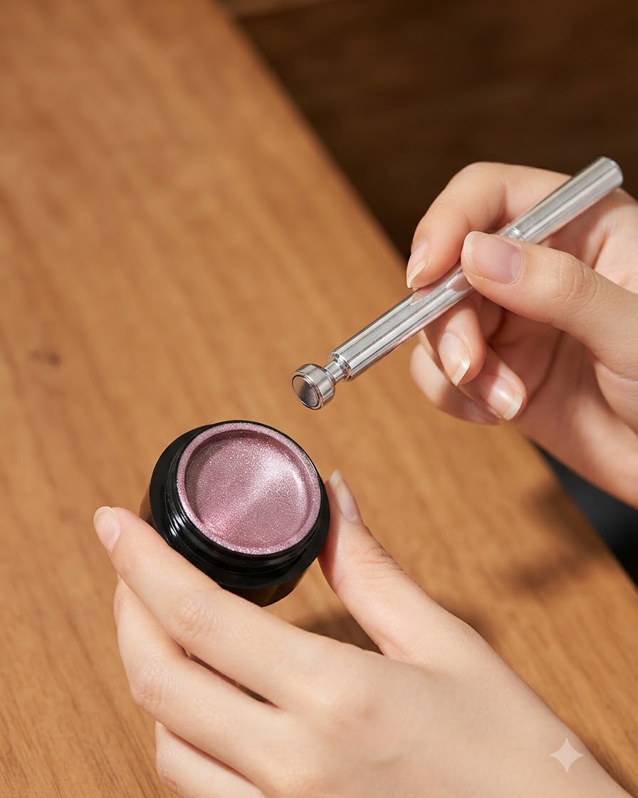 Una mano che tiene un piccolo strumento magnetico vicino a un barattolo nero aperto pieno di gel cat eye rosa chiaro brillante.