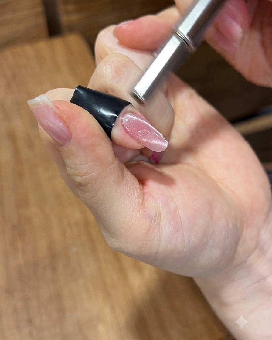 Una bacchetta magnetica cilindrica tenuta vicino a ununghia in gel cat-eye rosa per concentrare la luce magnetica brillante.