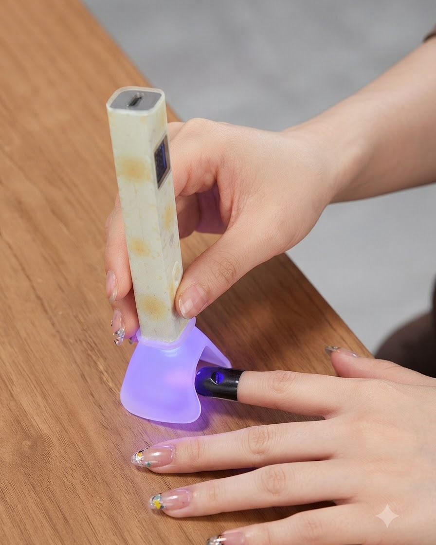 Un pennello sottile da nail art che applica una minuscola goccia di gel trasparente sulla punta di un dito curato.