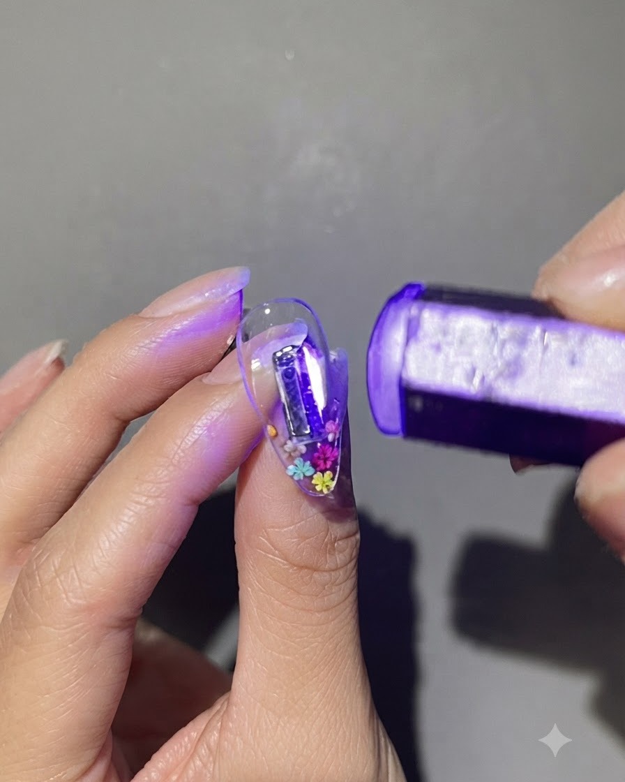Una lampada UV o LED portatile di colore viola che fissa rapidamente ununghia trasparente decorata con piccoli fiori secchi colorati.