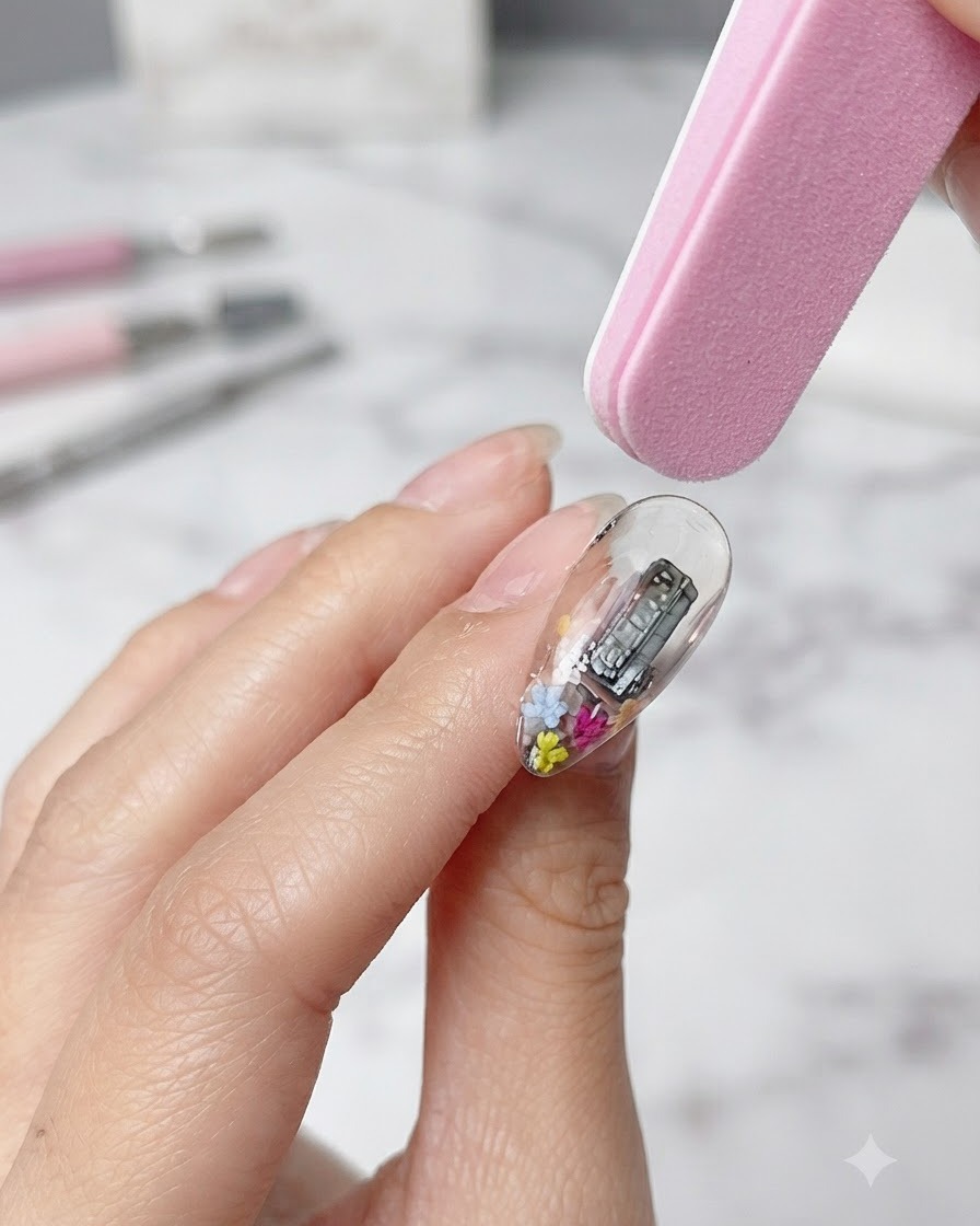 Una lima buffer rosa che leviga delicatamente la superficie trasparente di ununghia in gel per eliminare le imperfezioni.
