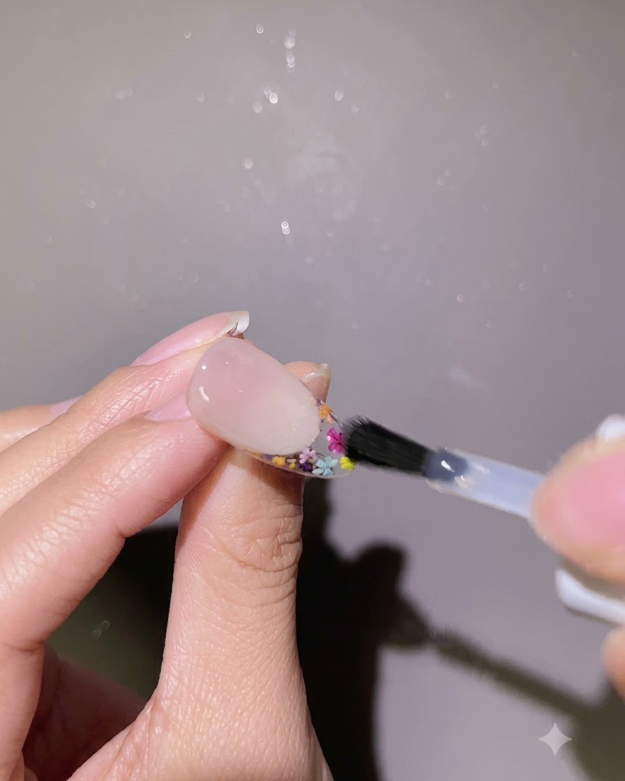 Un pennello che applica uno strato di gel rinforzante trasparente attorno ai bordi di una nail art completata.