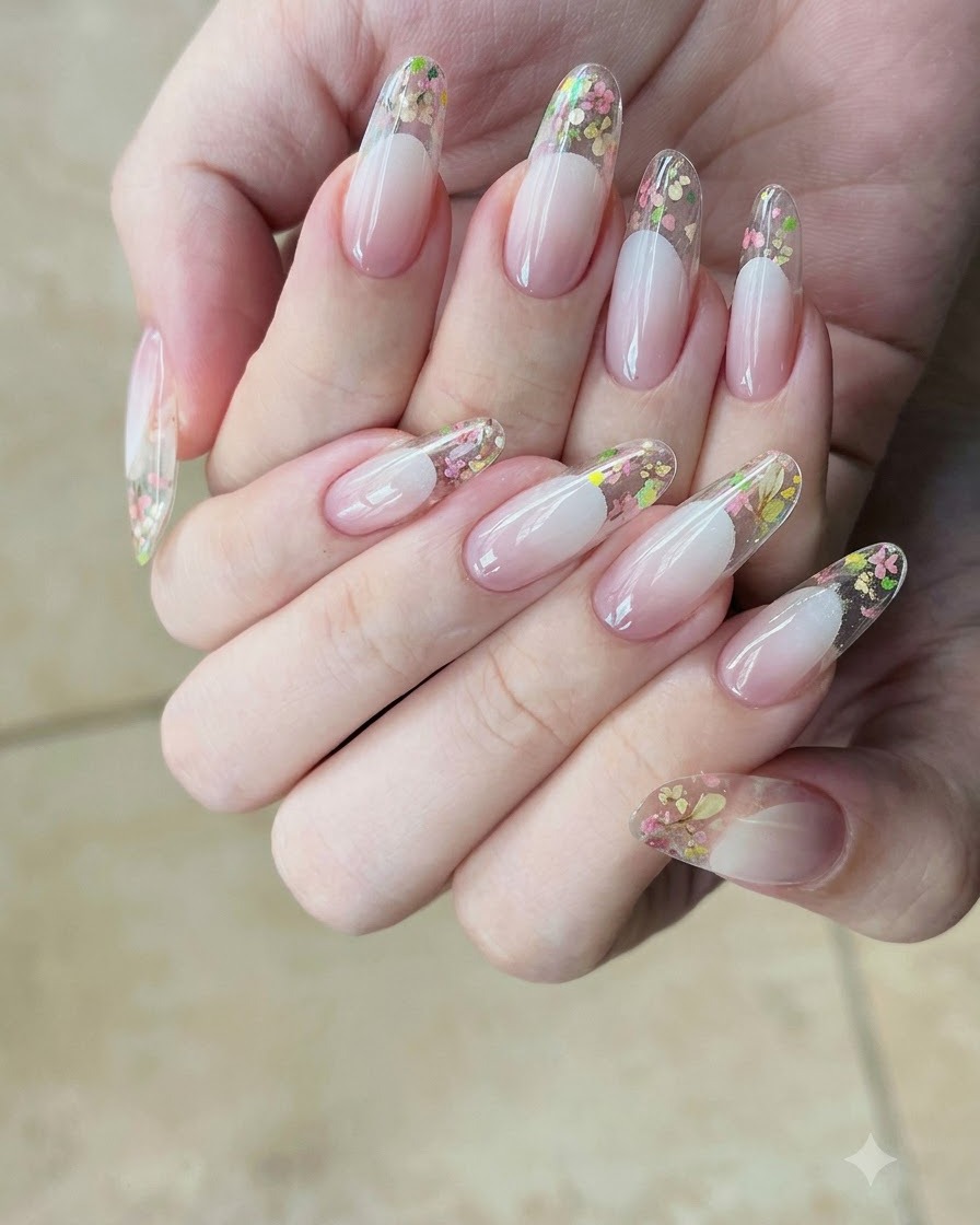 Un pennello applica uno strato di smalto gel nude sulla lamina ungueale naturale preparata.