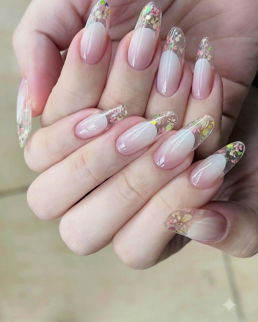 Un paio di pinzette posizionano con cura un adesivo curvo per french tip sullunghia.