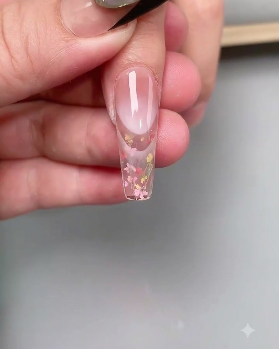 Un pennello per unghie sottile sistema e appiattisce piccoli pezzi floreali sullunghia.