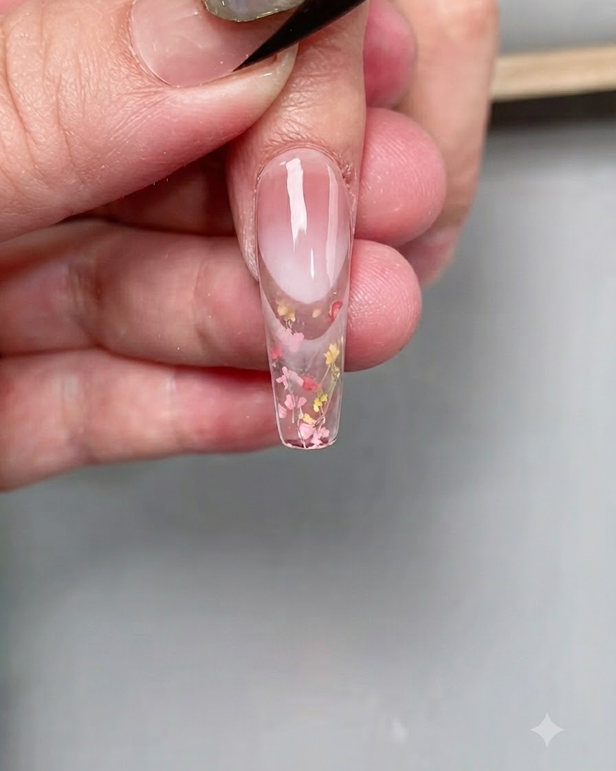 Ununghia posizionata sotto una lampada di polimerizzazione UV/LED professionale per fissare il top coat sulla punta.