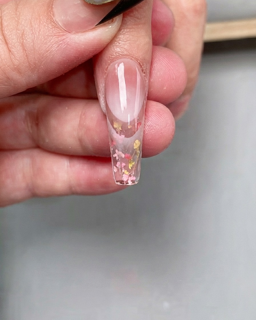 Un pennello applica un top coat speciale trasparente su ununghia lunga a bara con fiori secchi colorati incorporati.