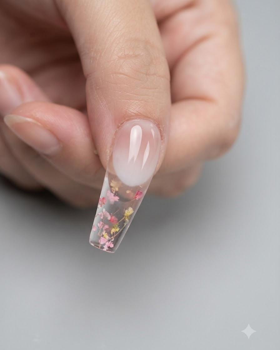 Un applicatore in spugna tampona e strofina la polvere di pigmento sulla punta di unghia per creare un effetto ombré.
