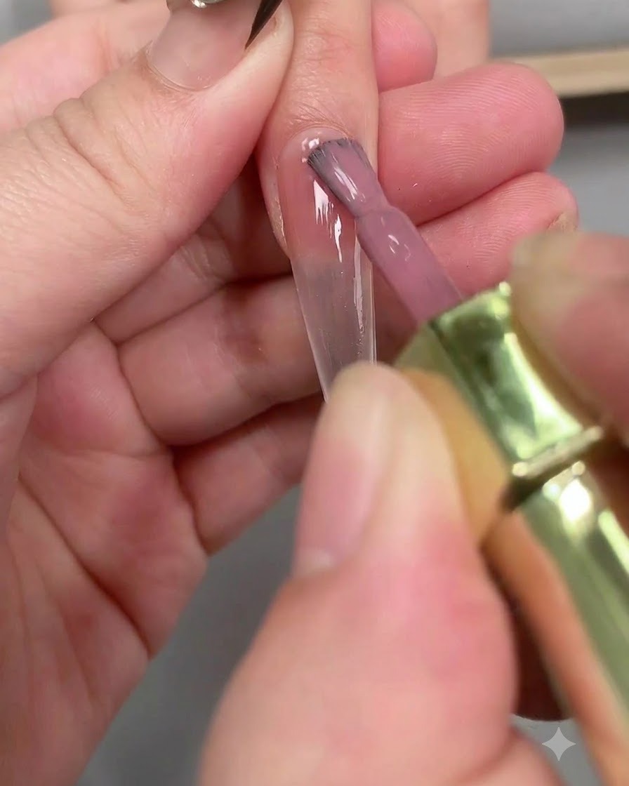 Un pennello applica la base coat trasparente in modo uniforme su tutta la superficie di ununghia lunga a bara.
