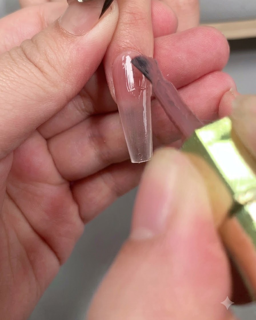 Un pennello applica uno strato lucido di top coat diamantato su tutta la lunghezza dellunghia.