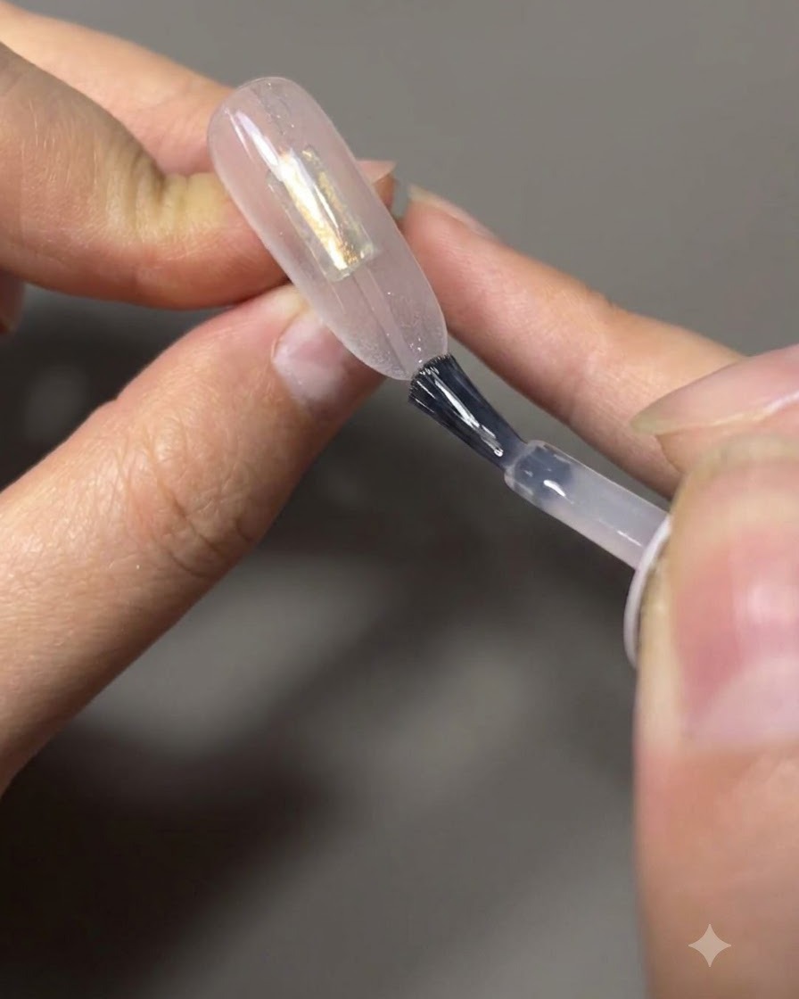 Un pennello sfuma e tira lo smalto gel verso il basso su ununghia a mandorla per creare un effetto ombré.