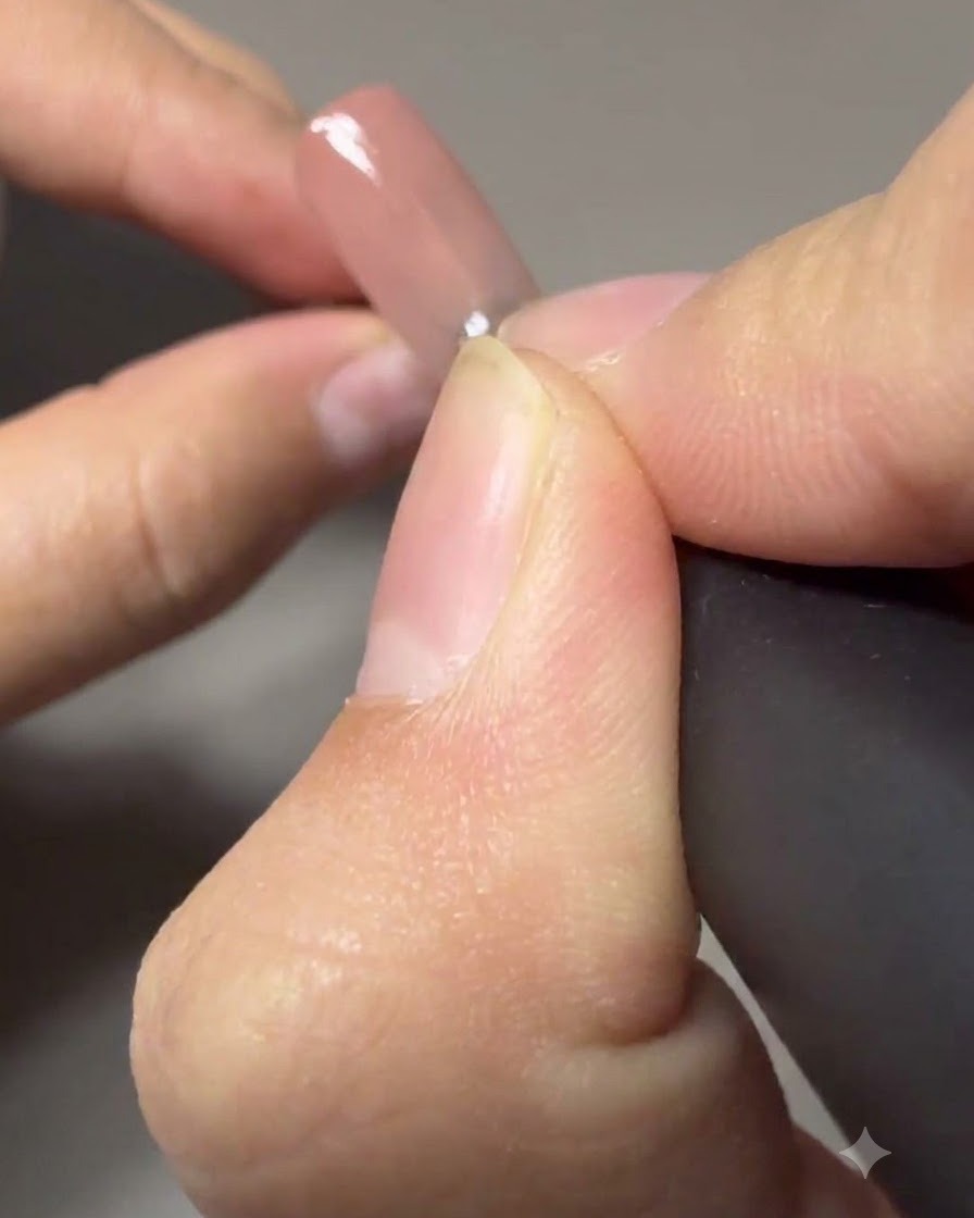 Applicazione di uno strato trasparente di gel rinforzante sulla superficie dellunghia preparata.