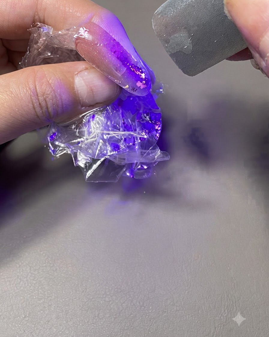 Una mano che tiene ununghia avvolta nella pellicola trasparente sotto una luce di polimerizzazione UV/LED viola.