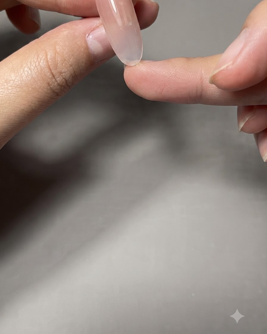 Primo piano di una mano che applica il gel rinforzante su ununghia color nude.
