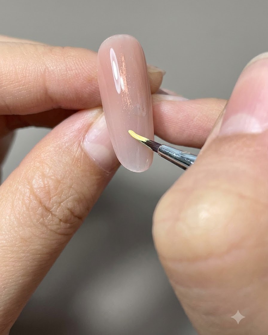 Un pennello sottile a punta fine applica una piccola forma a parentesi gialla su ununghia nude.