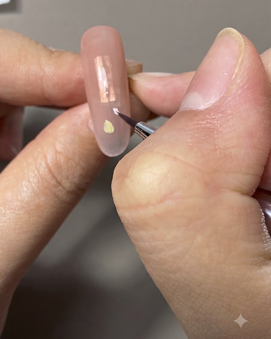 Primo piano di un pennello a punta fine che applica gel rosa allinterno del contorno di un tulipano su ununghia dai toni neutri.