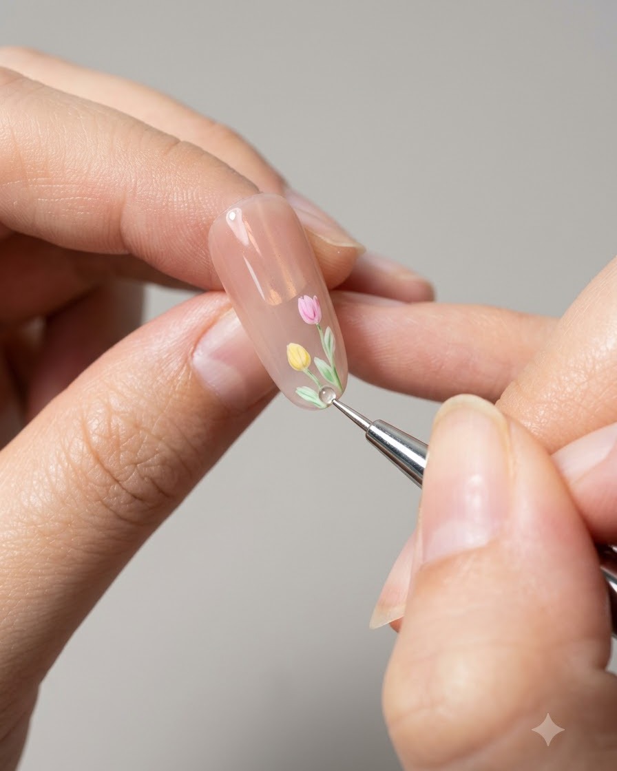 Un pennello applica il sigillante top coat su un design floreale per unghie completato.