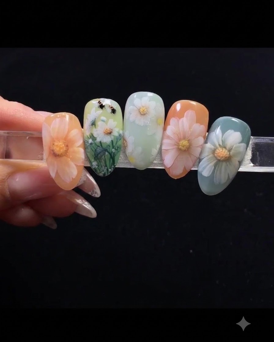 Un pennello di precisione posiziona piccoli punti di gel bianco su ununghia colorata per delineare i petali della margherita.
