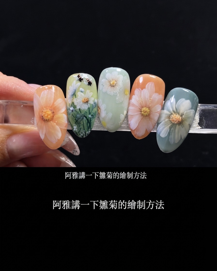 Un pennello tondo aggiunge ulteriori gocce di gel bianco per completare il contorno circolare dei petali di margherita.
