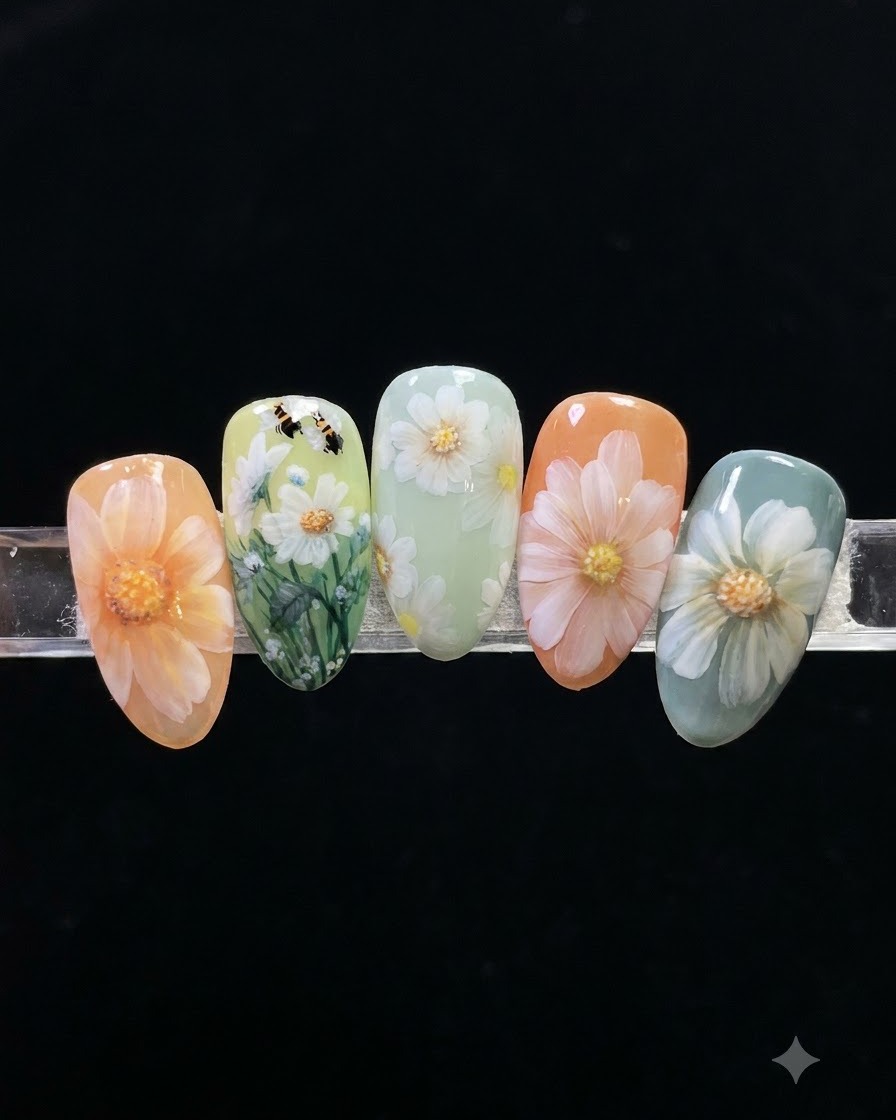 Un pennello per nail art preme e tira delicatamente il gel bianco verso linterno per formare petali di fiore affusolati.