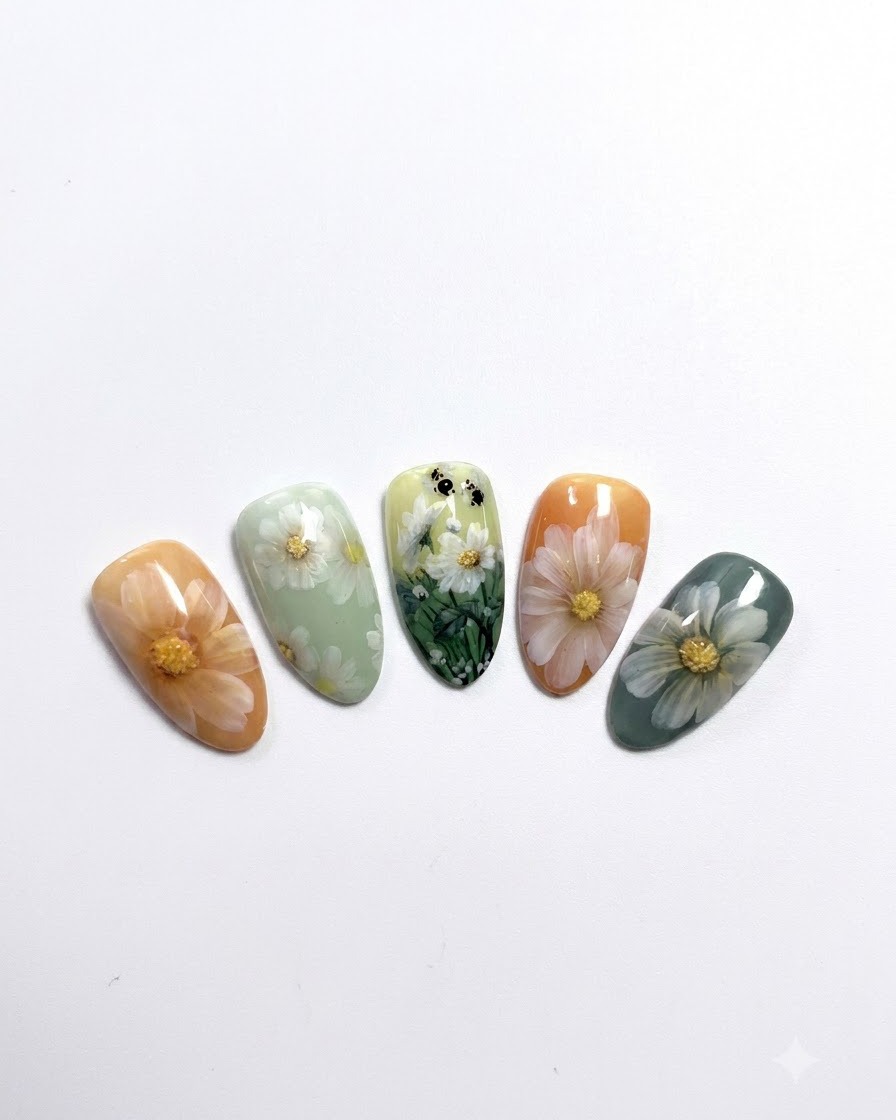 Una mano completata con una nail art di margherite appena dipinta inserita sotto una lampada di polimerizzazione.