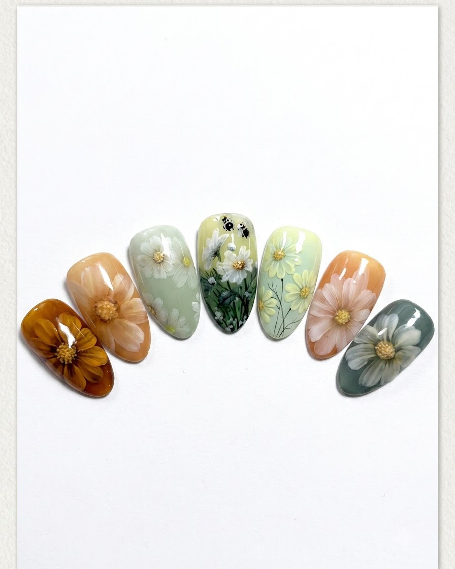 Un pennello per unghie che applica un top coat trasparente su un design finiti con margherite.