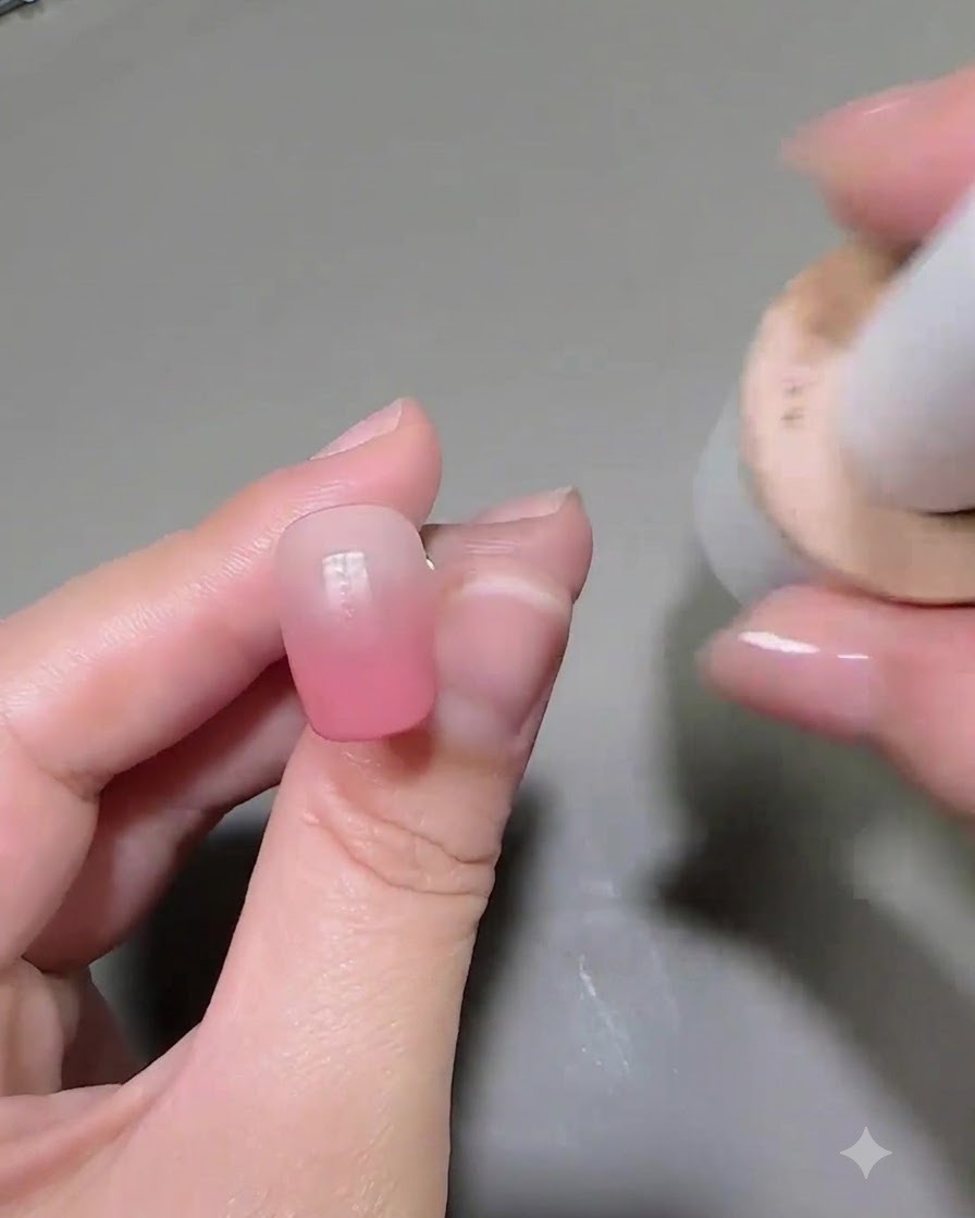 Un pennello che applica una mano di gel rosa chiaro dolce sopra ununghia sfumata pre-realizzata.