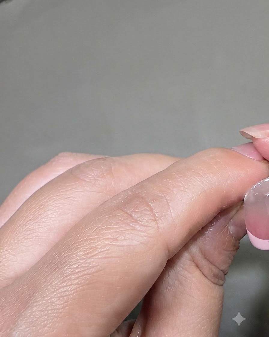 Un pennello sottile liner che applica una linea di smalto rosa lungo il bordo di ununghia per creare un effetto French manicure.