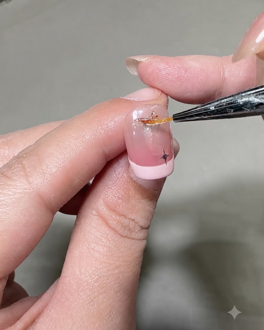 Uno strumento di dettaglio che posiziona un piccolo strass trasparente accanto a un adesivo a stella nera su ununghia con French manicure rosa.