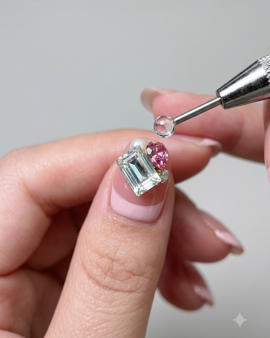 Un dotting tool che posiziona elementi come un cristallo a cuore rosa e una piccola perla accanto a un grande diamante rettangolare su ununghia.