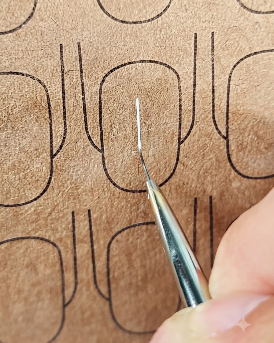 Primo piano di un pennello sottile che disegna una linea orizzontale bianca su una linea verticale su una superficie di prova.