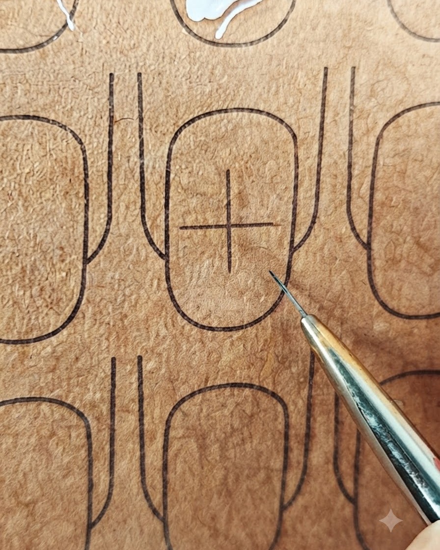 Vista ravvicinata di un motivo a stella guida bianco completato con linee incrociate su una superficie di prova marrone.